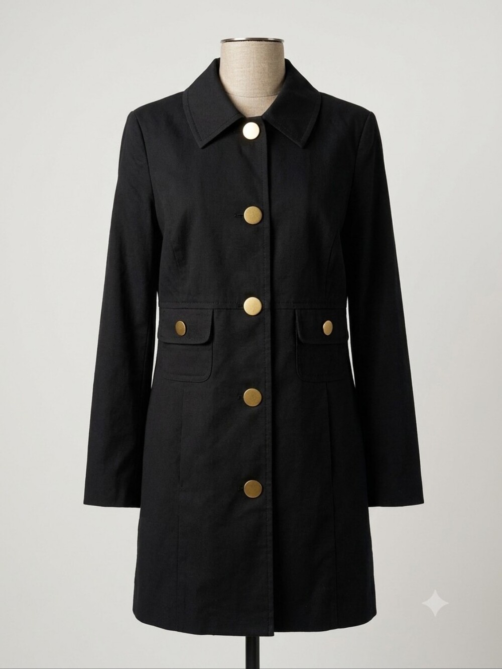 Charter Club NWT Black Button-Front Coat with Gold Buttons, Size Large